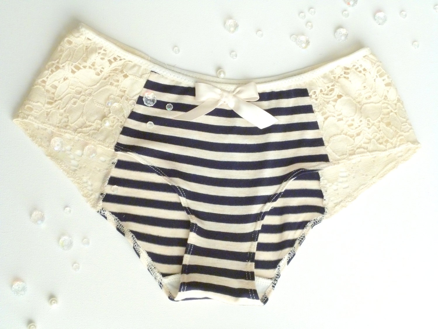 Vintage Style Nautical Bon Voyage Blue and Ivory Bra and Panties Lingerie Set Hand Made to Order