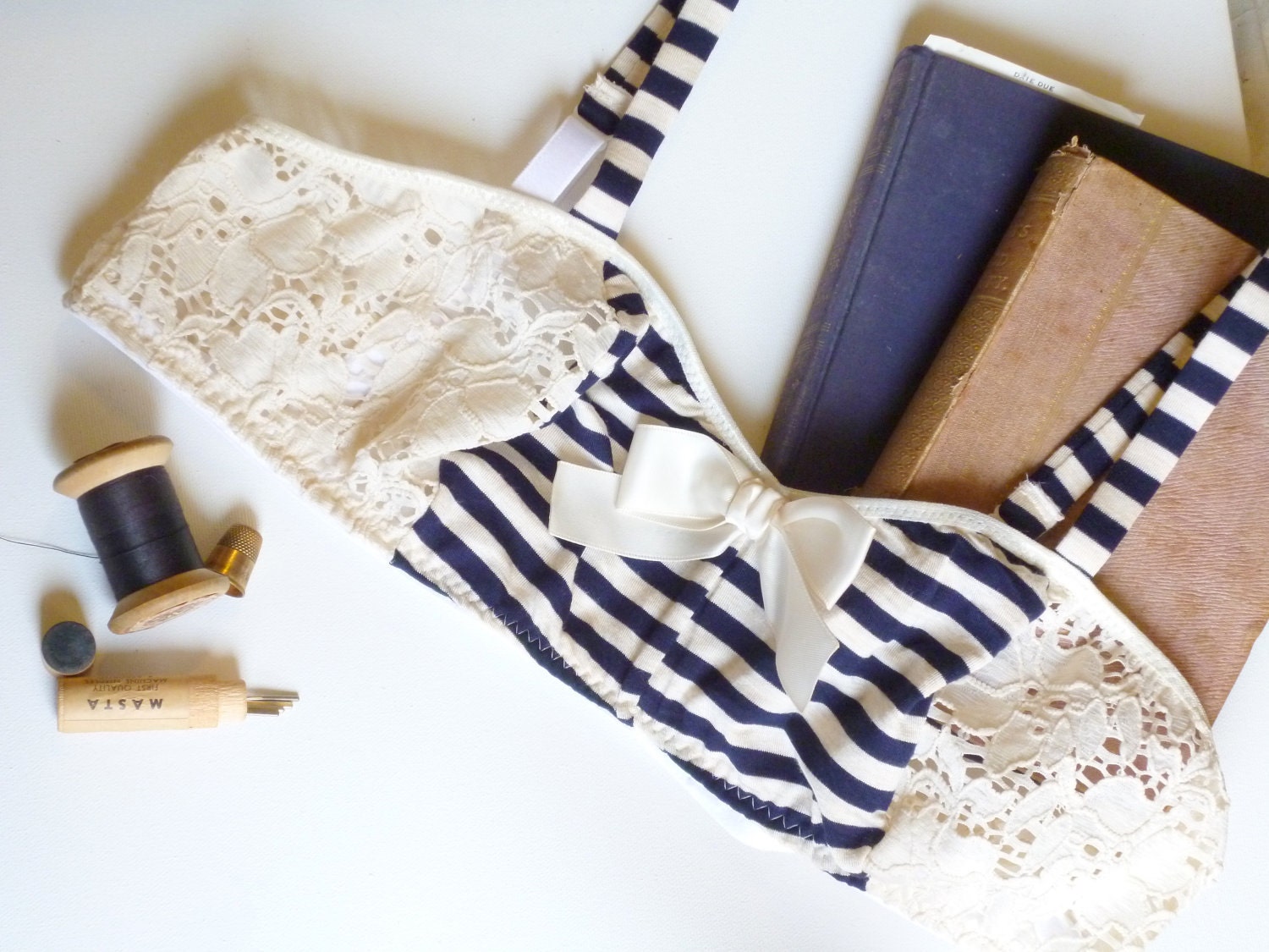 Vintage Style Nautical Bon Voyage Blue and Ivory Bra and Panties Lingerie Set Hand Made to Order