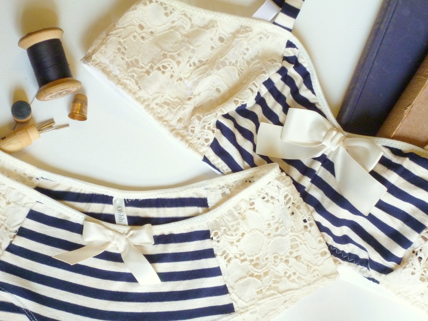 Bon Voyage Navy Stripes & Ivory Lace Cheeky Panties Made to Order