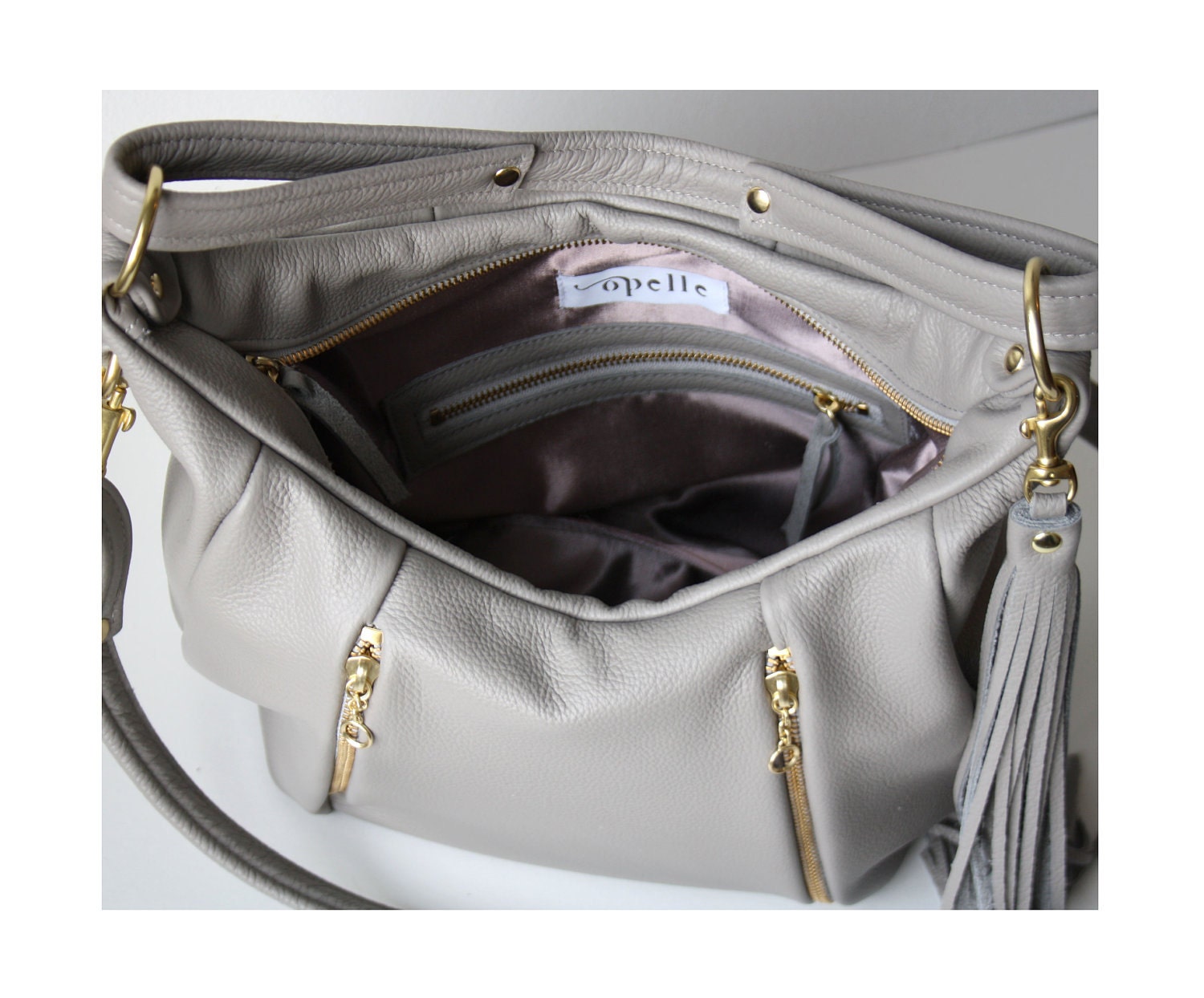 SALE Soft Leather Purse  - OPELLE Ballet Bag - Large Size in Dove Pebbled Leather New