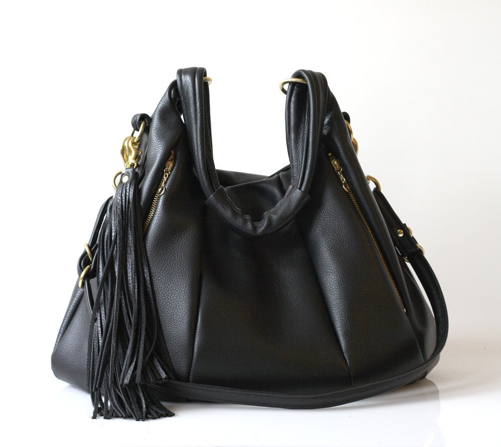 Black Leather bag - OPELLE Lotus Weekender - NEW Oversized leather bag with Zipper Pockets
