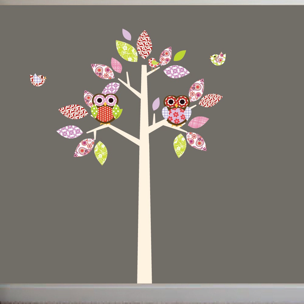 Vinyl Wall Decal Stickers Pattern Leaf Tree with Owls Birds Baby Nursery