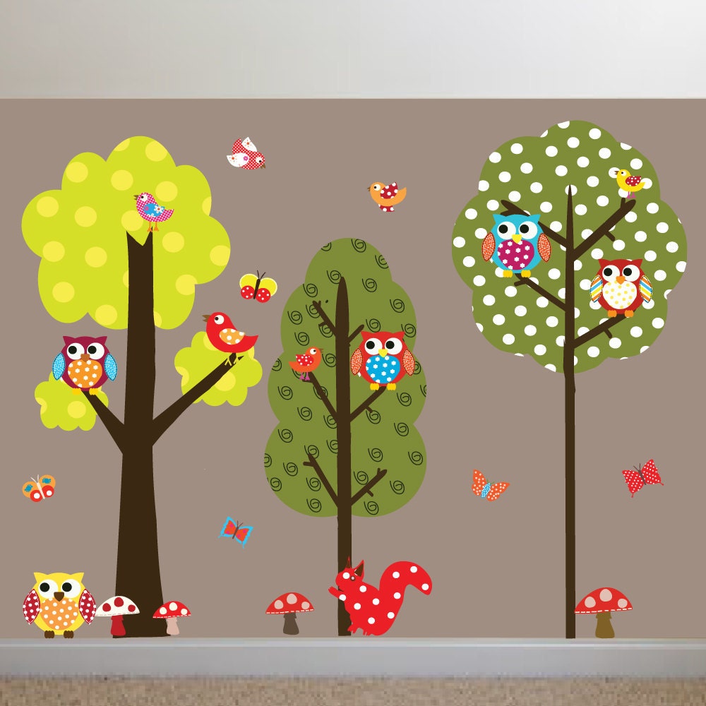 KidsTree with Polka Dots- Owls - Birds Vinyl Wall Decal Sticker Home Decor
