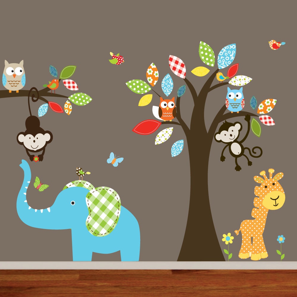 Giraffe,elephant,monkey nursery wall decal sticker vinyl tree and branch jungle decals
