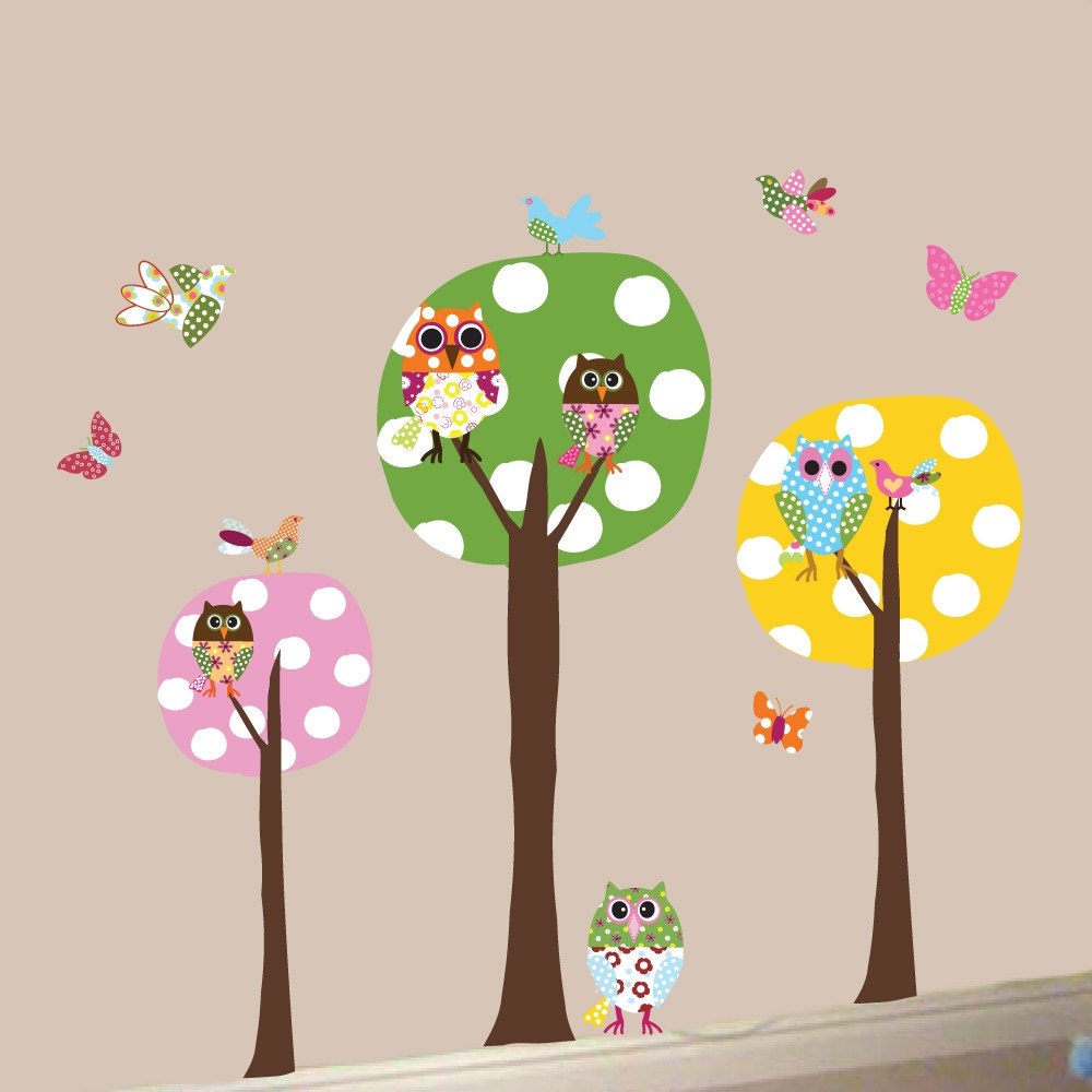 3 Colorful Polka Dot Circle Trees- Owls-Vinyl Wall Sticker Art Design Birds