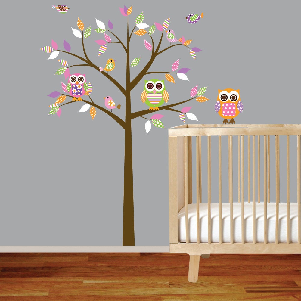 Girl Baby Nursery Vinyl Decal Tree with Pattern Leaves Owls and Birds