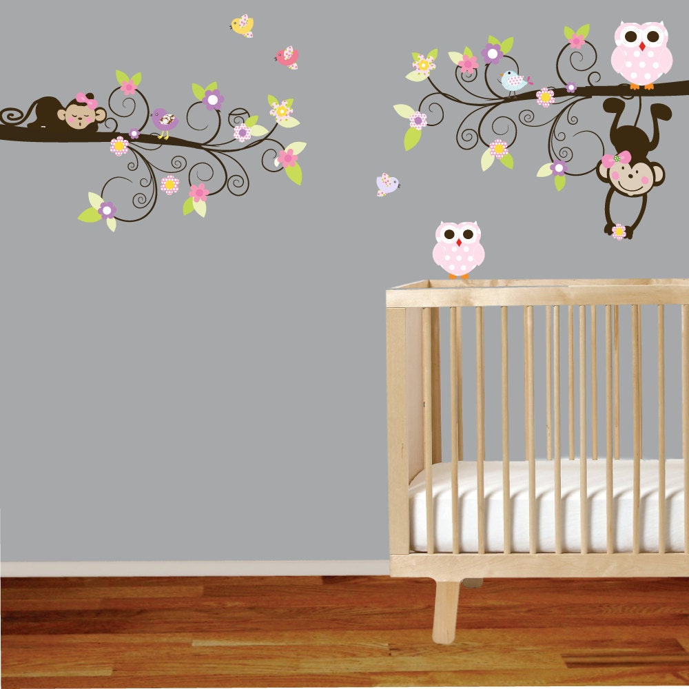Vinyl Wall Decal Swirl Branch Set with Monkeys  Owls Birds Flowers Leaves