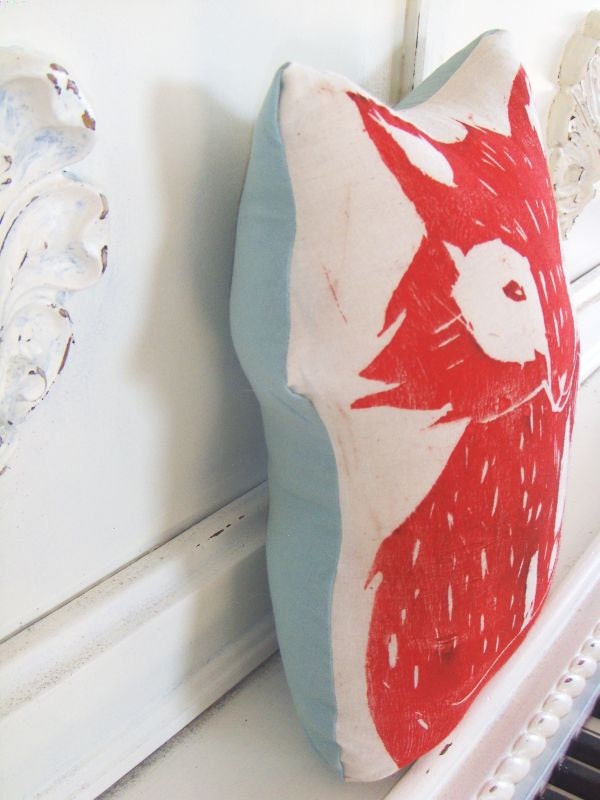 Plush Fox Pillow. Woodblock Printed. Customizable Colors. Made to Order.