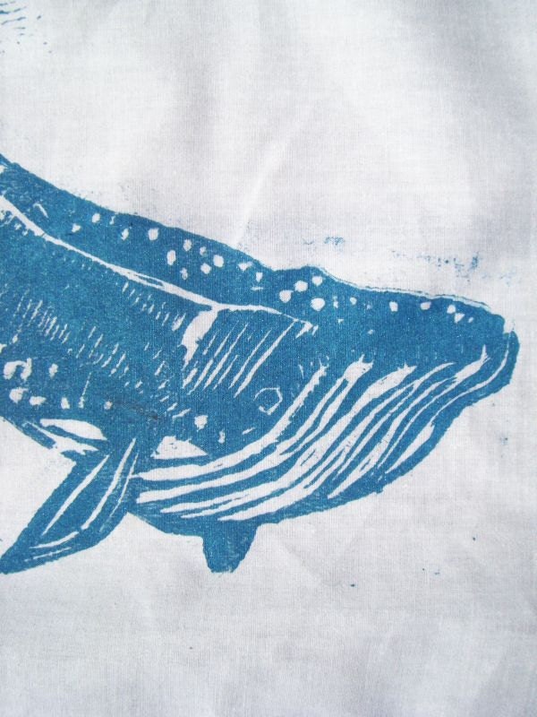 Whale Woodblock Print. Fabric Wall Hanging. 11X14.