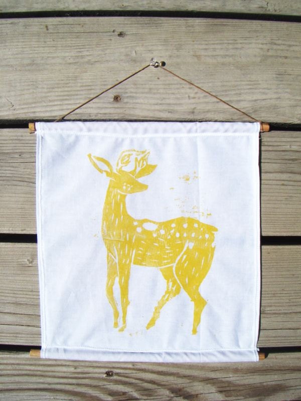 Yellow Deer Woodblock Print. Fabric Wall Hanging. 11X4.