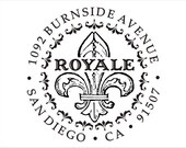 Return address stamp Fleur de Lis with Damask Border - Family Name Monogram Round Address Rubber Stamp - Self-Inking