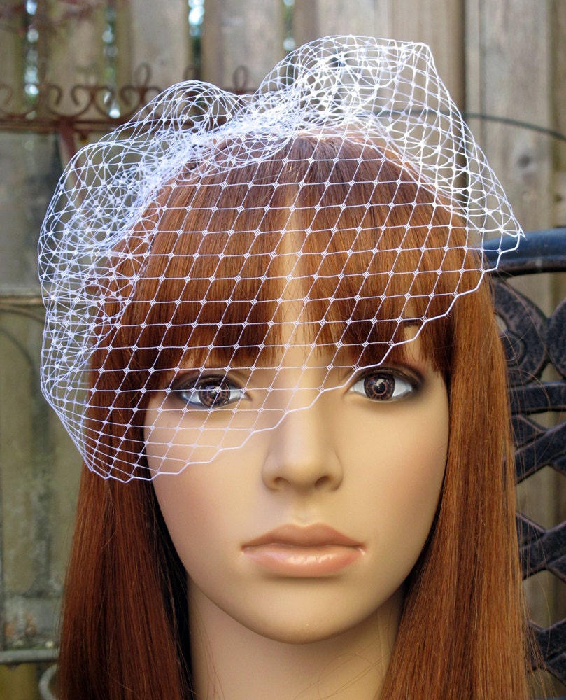 White Mini Birdcage Veil Wedding Bridal Blusher Cap 9 inch Russian French Net with 4 inch loose.
