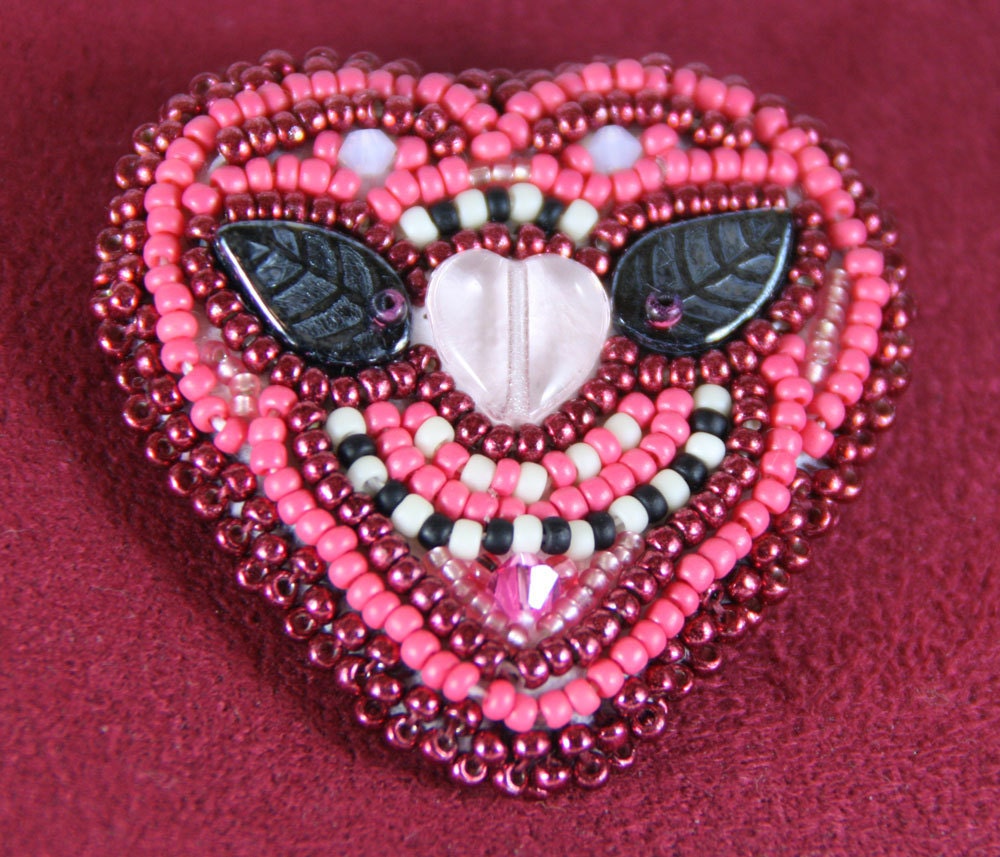 Heart Brooch, Beaded, Pink