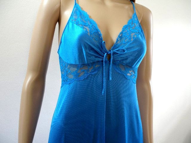 1980s Nightgown Slip Dress / 80s Lingerie / ELECTRIC BLUE / Small to Medium