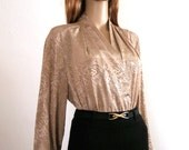 1980s Blouse / 80s Wrap Look Shirt  / TaupeTan / Jaquard Polyester / Size Large