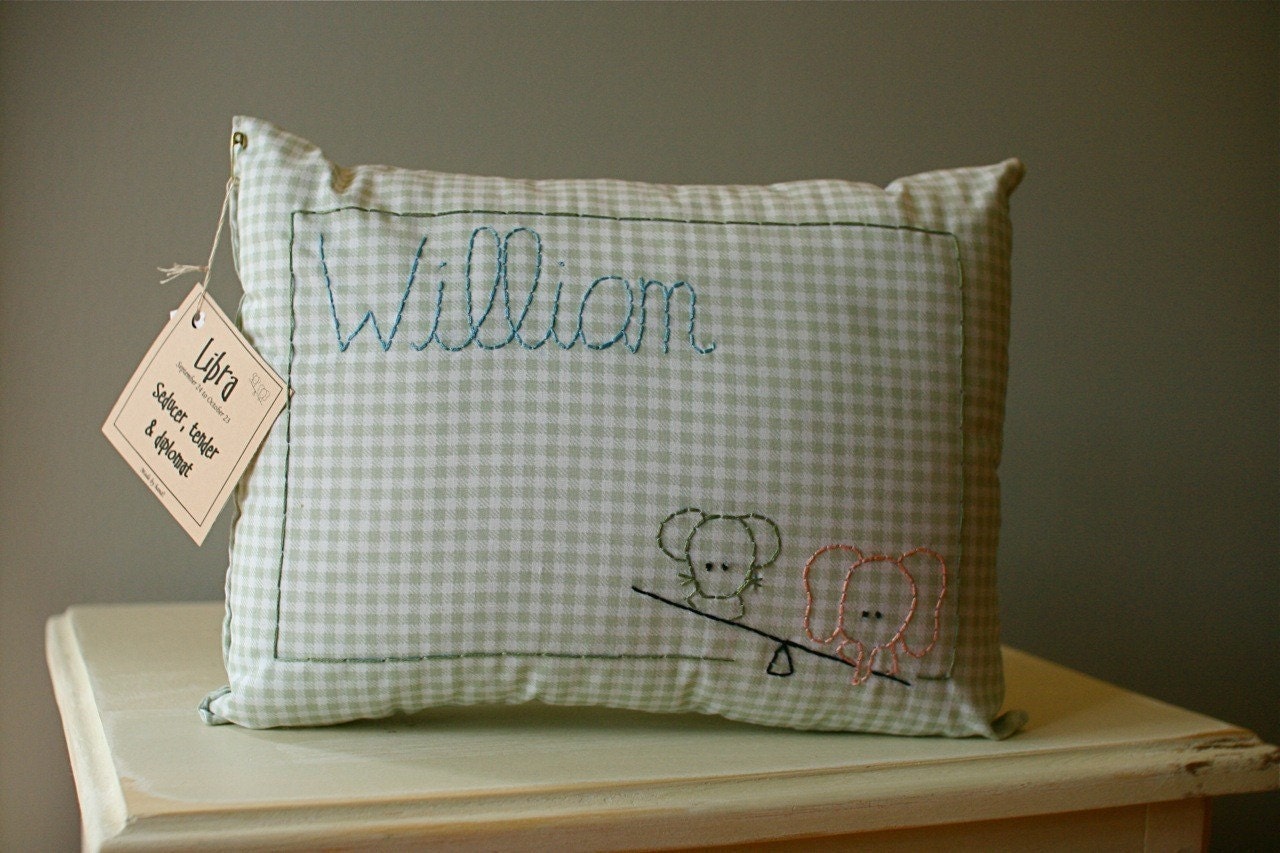 Personalized zodiac baby birth pillow, William is a Libra