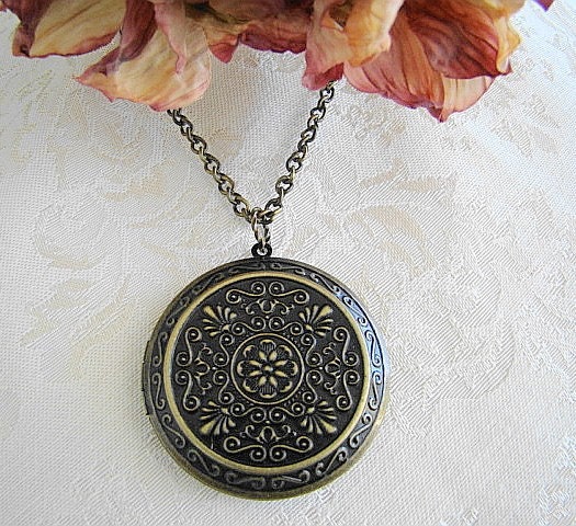 Antiqued Brass Locket Necklace Wedding  Anniversary Easter Mothers Day Graduation Large Round Lightweight - My Love