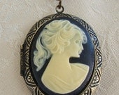 Large Cameo Locket Necklace, Wedding, Black/Cream, Antiqued Brass or Silver, Long Chain - Laura