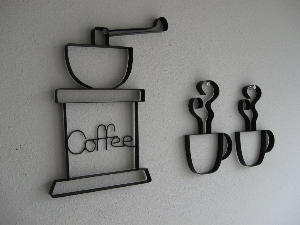 Coffee Grinder with Cups Metal Wall Decor Set