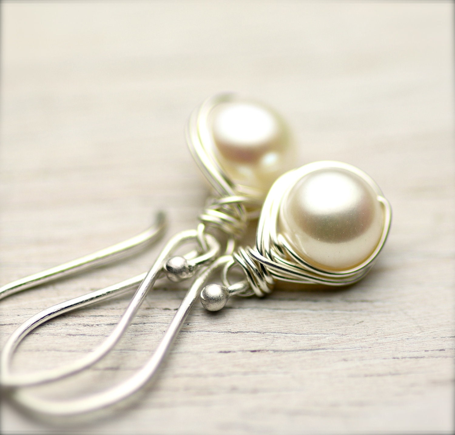 White Freshwater Pearls Wire Wrapped Earrings on Bright Sterling Silver