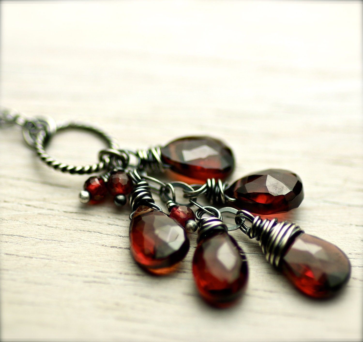 Wire Wrapped Cluster of Garnet  Necklace on Oxidized Sterling Silver January Birthday