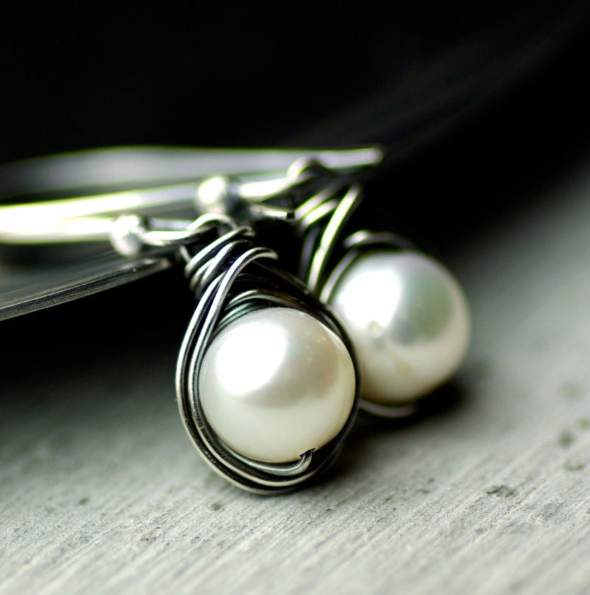 White Freshwater Pearls Wire Wrapped Earrings on Oxidized Sterling Silver