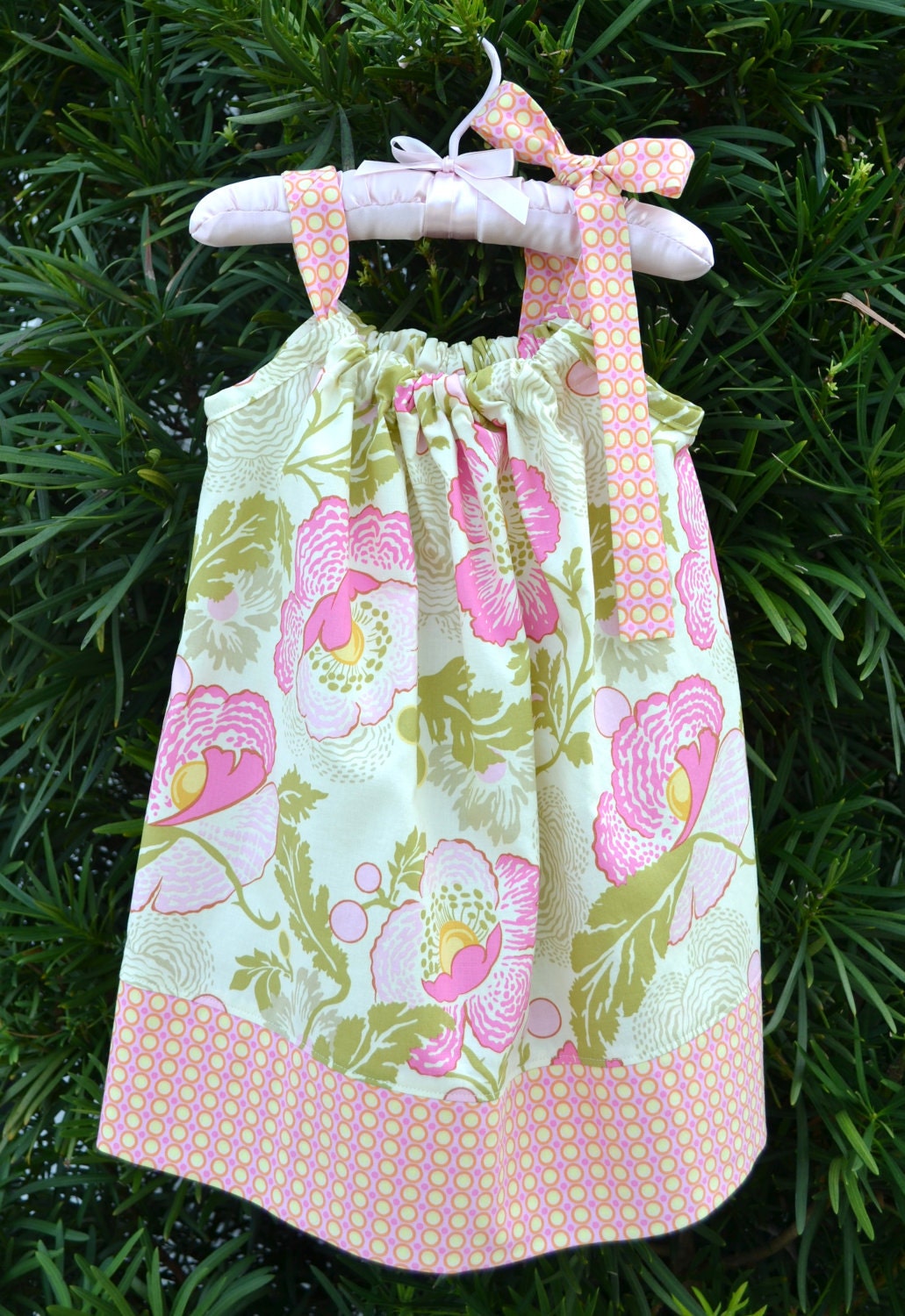Floral Pillowcase Dress - Easter Dress - Spring Dress - Pink and Green Baby Toddler Little Girls Dress - Amy Butler Fresh Poppies
