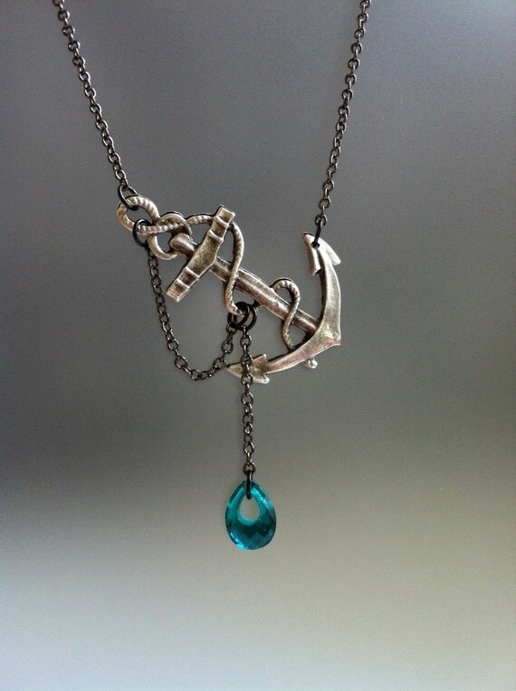 Reserved for Hannah Lost at Sea Necklace by SBC Teal Blue Quartz Hoop Briolette Silver Plated Anchor Gunmetal Chain Free Shipping Worldwide