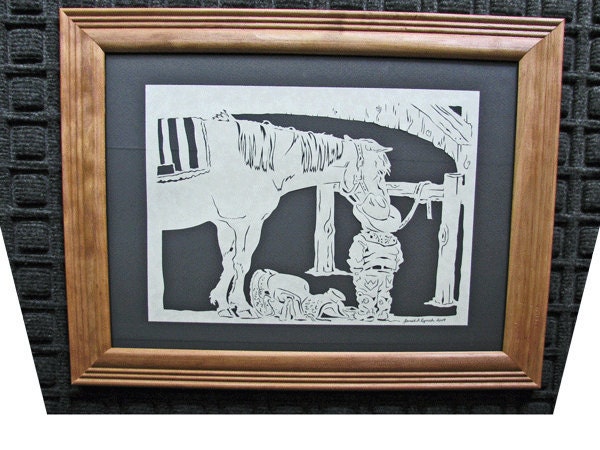 Cow Boy With Horse - Scherenschnitte - Hand Paper Cutting Art signed and dated By Janet Lynch -11x14 Framed