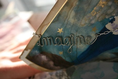 Imagine Necklace - John Lennon Beatles Lyrics Jewelry - Silver Wire Wrapped Word - Inspirational Phrase Gift for her - Words of Wisdom