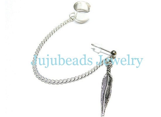 Single Feather Charm Chain Ear Cuff