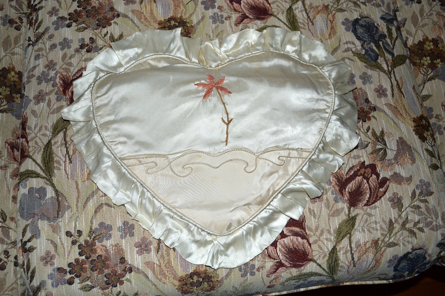 Vintage 1940's Champagne Satin and Chenille Heart shaped Boudoir Pillow