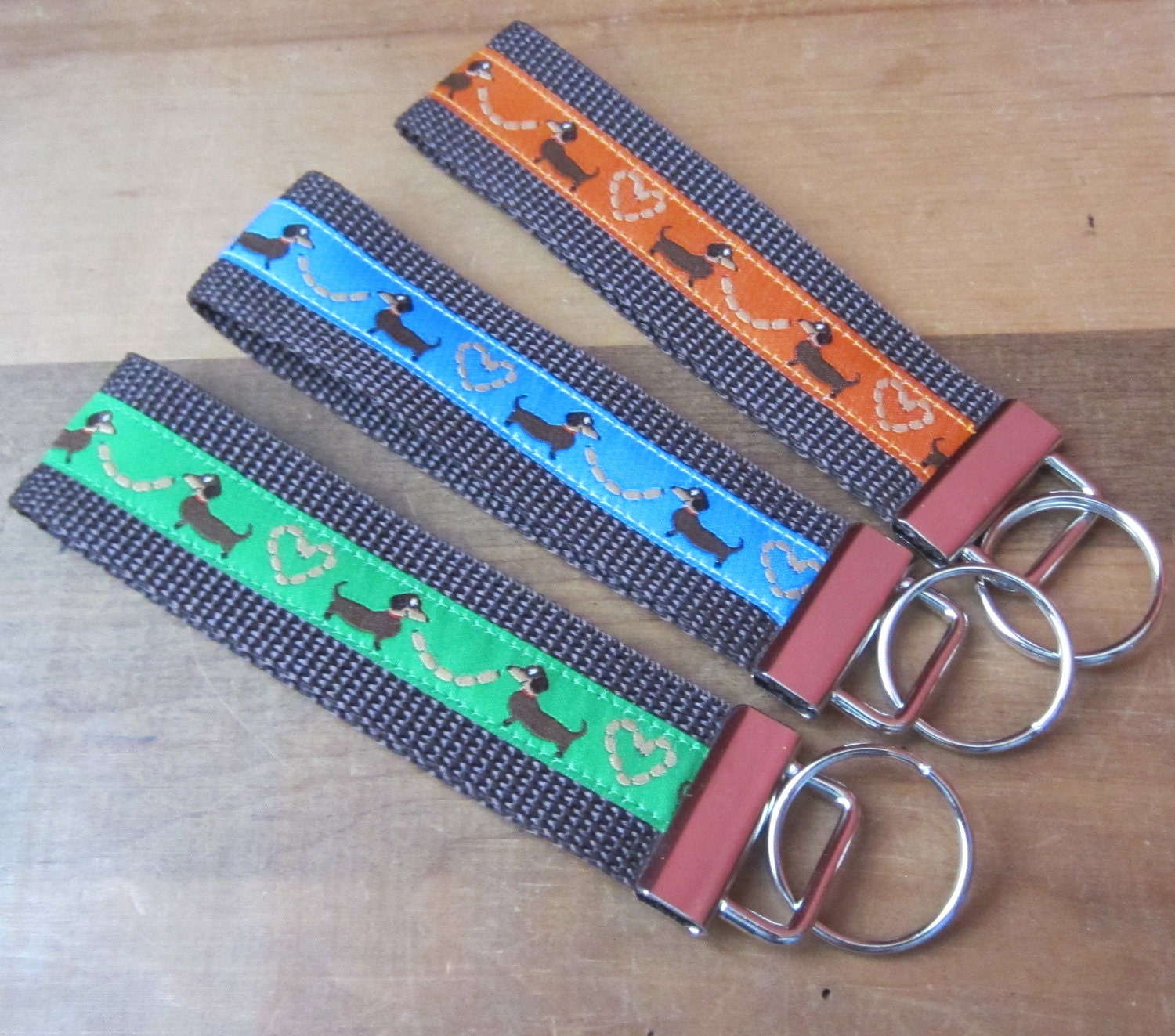 Pick a Wiener  - Choose your favorite color.  Dachshund Key Fob - Wristlet - Key Chain - Premium European Woven Ribbon