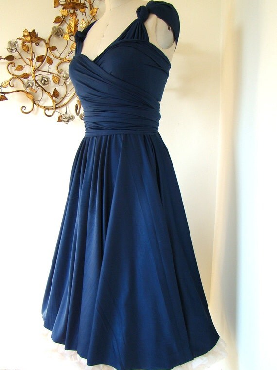Mavericks Navy Blue Brushed Satin Convertible Wrap dress- Last of Fabric
