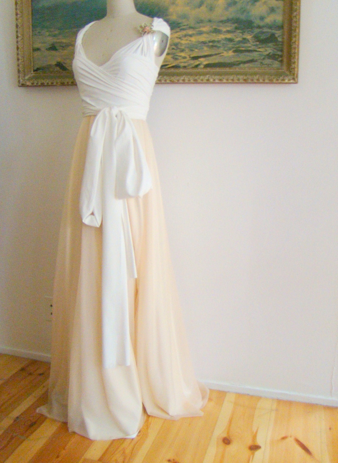 Infinity Dress-Cameo Nude Sheer with Magnolia Off White Octopus Convertible Wrap Gown