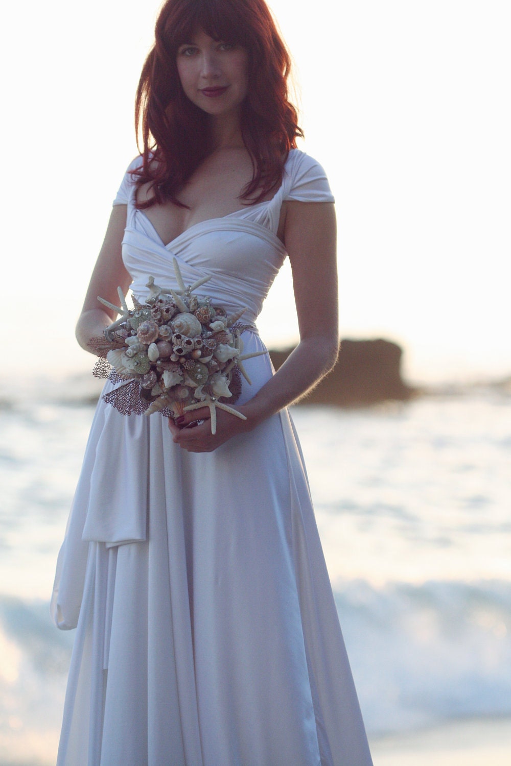 Last of Fabric- Long Oyster Pearl White Octopus Convertible Wrap Wedding Gown with Train