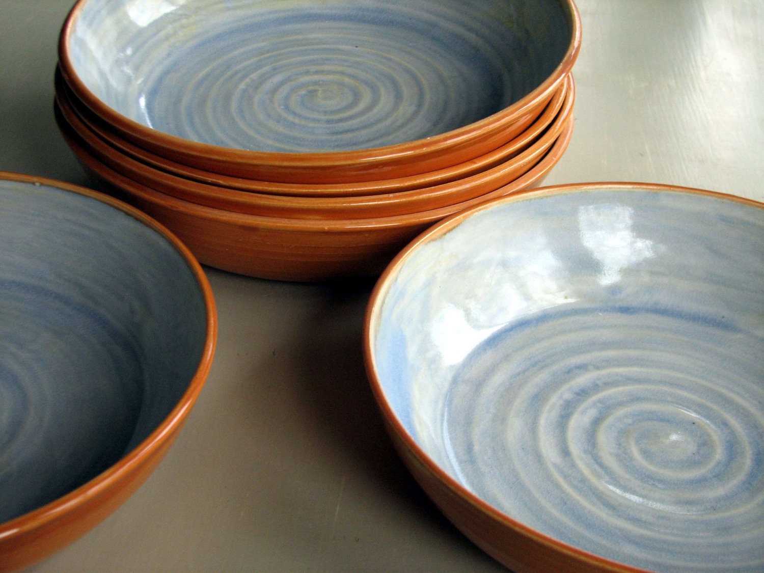 Handmade pottery, ceramic, stoneware clay, set of six pasta bowls orange and blue