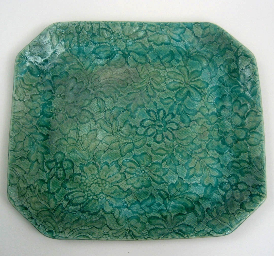 Platter, lace print, ceramic, stoneware platter, lace print by Leslie Freeman