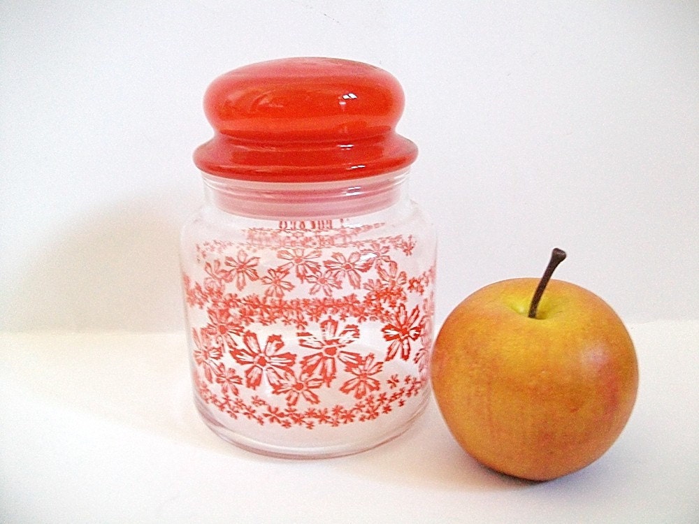 Vintage Canister Glass Storage Jar Red Orange Floral With Lid Retro Kitchen - ZenfulGoods