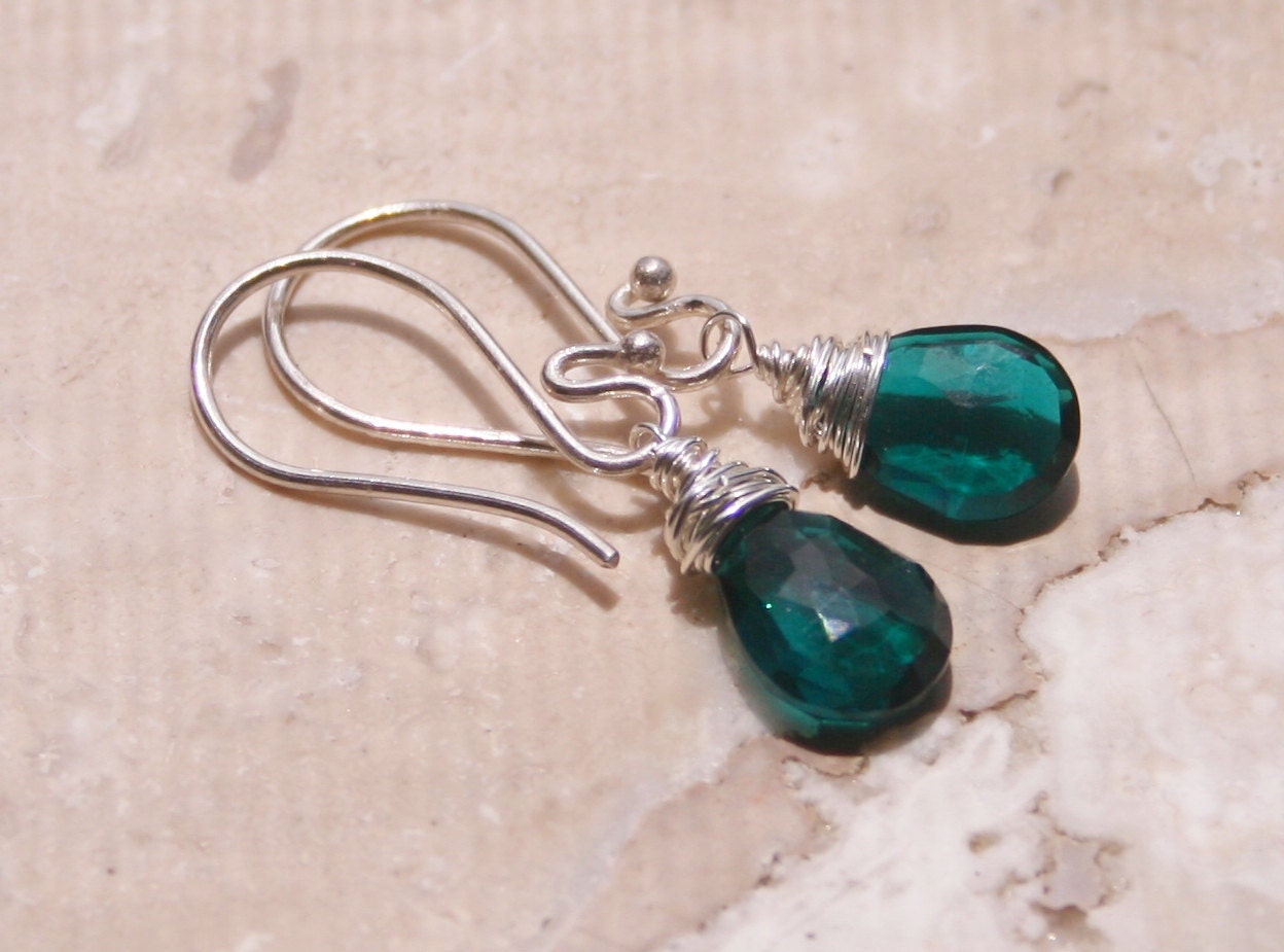 Teal Quartz Blue Romantic Elegant Aqua Turquoise Wire Wrapped Sterling Silver Earrings