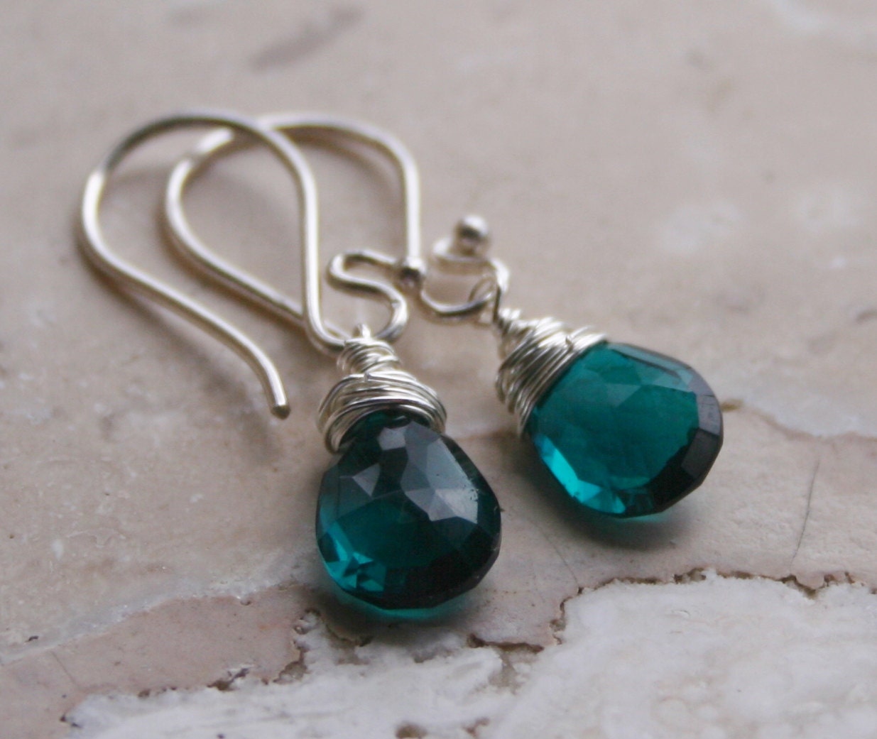 Teal Quartz Blue Romantic Elegant Aqua Turquoise Wire Wrapped Sterling Silver Earrings