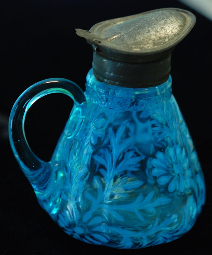 Hobbs Brockunier Antique Daisy and Fern Aqua Syrup Pitcher