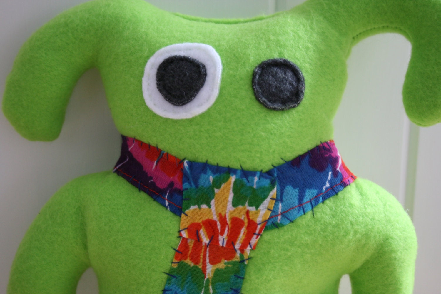 green stuffed animal, stuffed monster, tie monster, plush stuffed creature, boy monster, OOAK