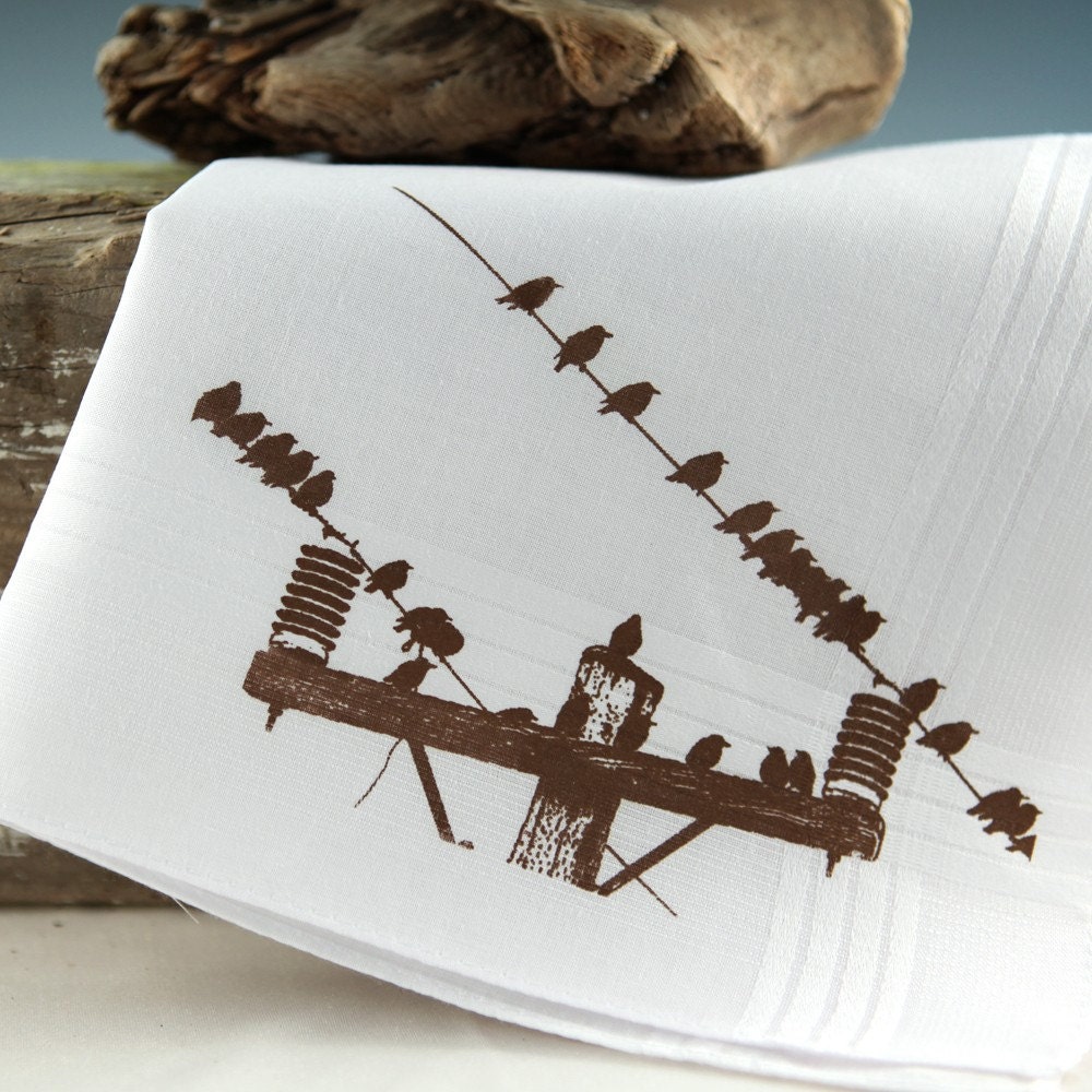 BIRDS On A WIRE Screenprinted White Handkerchief