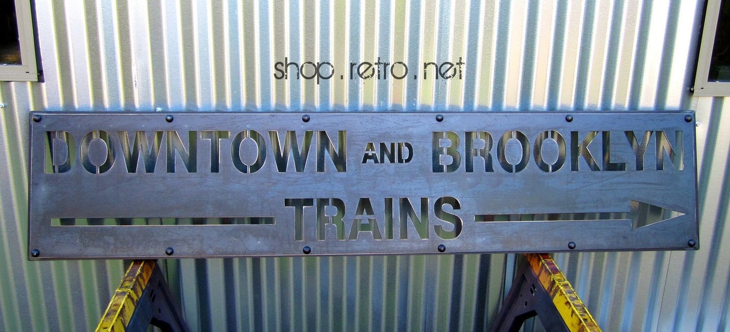 Vintage Metal Subway Sign - Downtown And Brooklyn Trains - Antique New York
