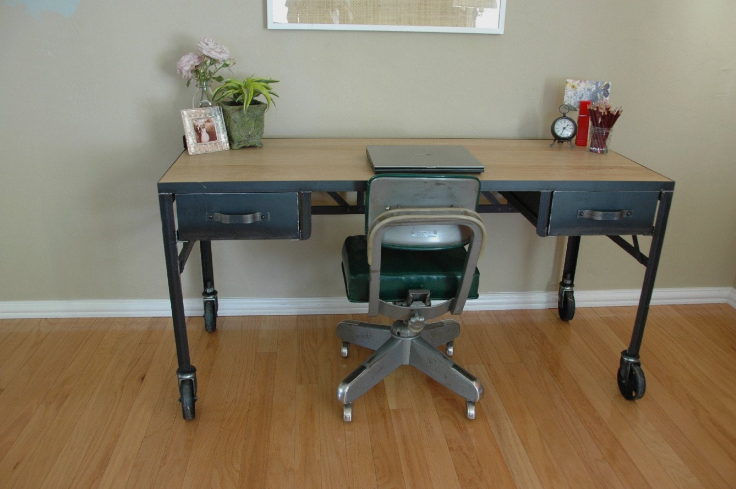 Royston French Industrial Desk on Casters / Vintage Work Table / Office Furniture