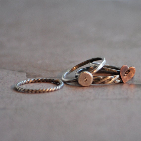 Sterling Silver and copper stacking ring set, set of six rings