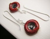 Red, black, and silver long dangle earrings - specked ceramic geometric donut bead - Valentine Valentines
