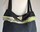 Black Crochet Tote / Green Stripe / Handbag Purse