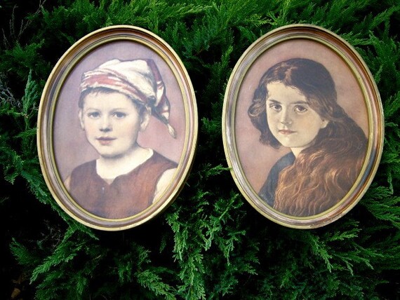 Pair Oval Frames, Peasant Boy and Girl Portraits,